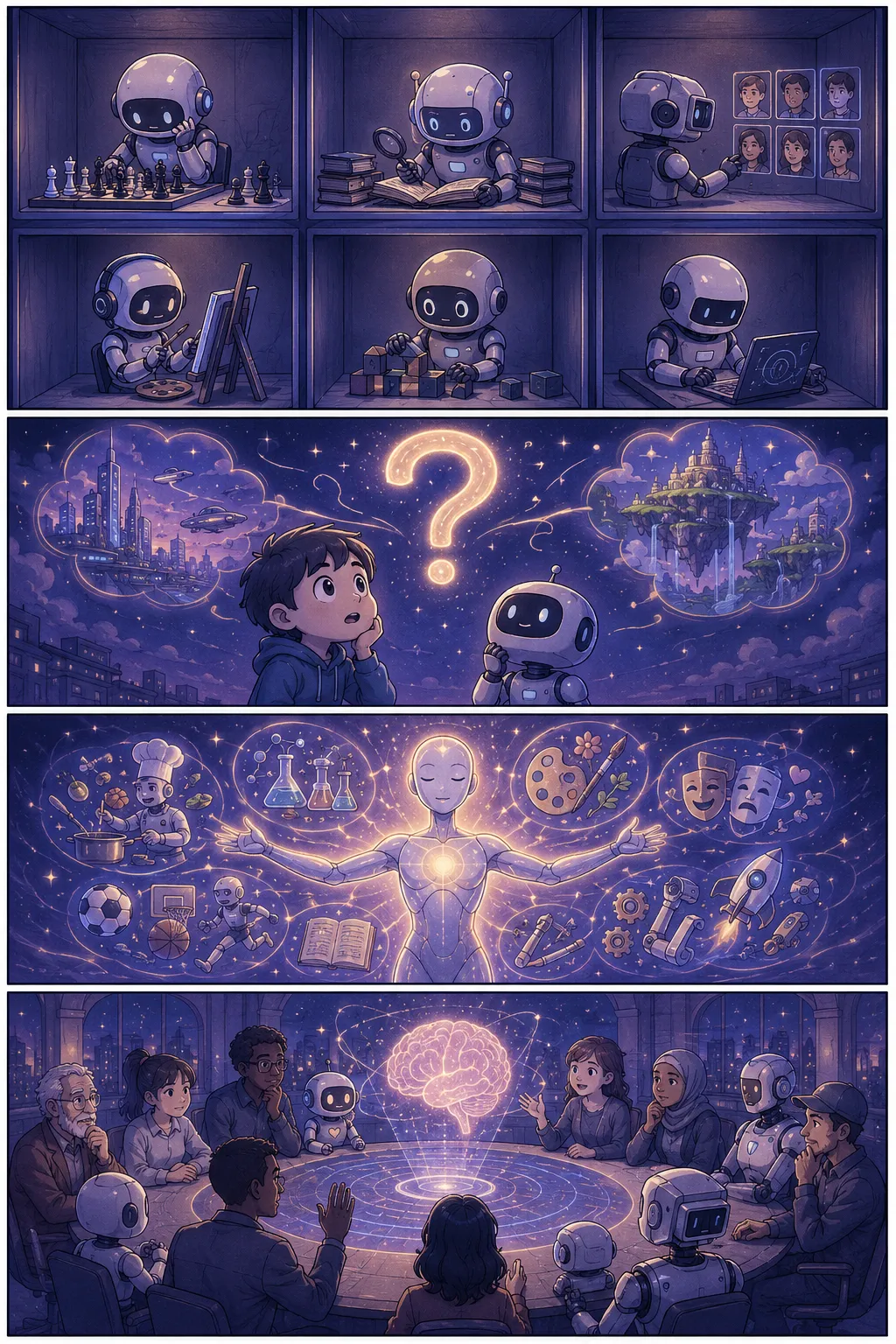 범용인공지능 (AGI, Artificial General Intelligence) — 4컷 웹툰 설명